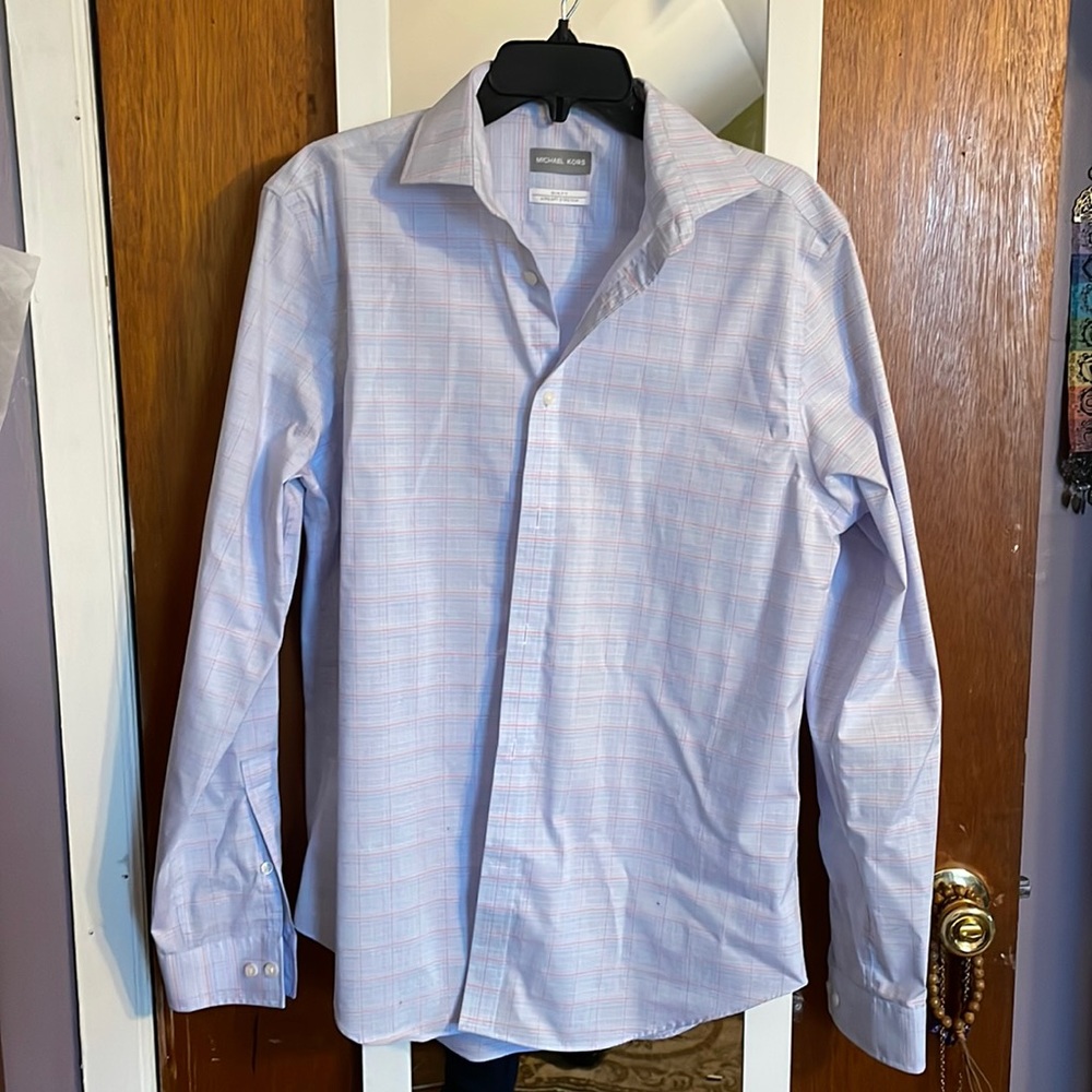 Michael Kors men’s slim fit blue and pink checked button down dress shirt.